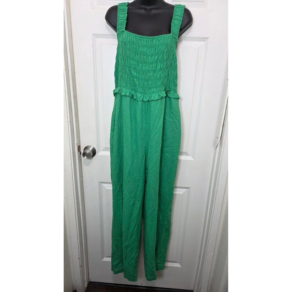 If By Sea Jumpsuit Womens L Green Smocked Linen Blend Wide Leg‎ Ruffle Festival